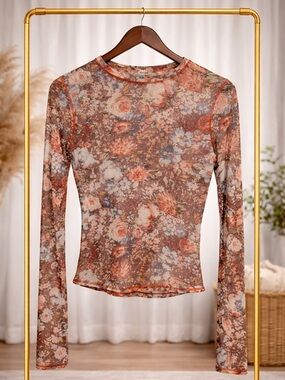 LA MIEL Floral Mesh Long-Sleeve Top in Rust and Taupe